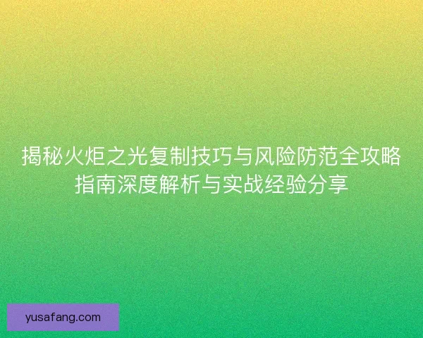 揭秘火炬之光复制技巧与风险防范全攻略指南深度解析与实战经验分享